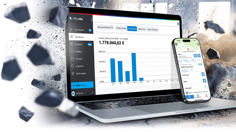 Ein Laptop und ein Smartphone zeigen Finanzdaten und Diagramme, umgeben von zerbrochenem Gestein.