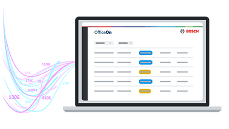 Laptop with OfficeOn software and Bosch logo on a colorful background.