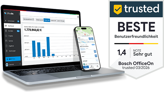 Ein Laptop mit einem blauen Dashboard und Diagrammen steht neben einem Smartphone mit einer App-Ansicht, umgeben von einem Rahmen mit der Auszeichnung "Beste Benutzerfreundlichkeit" von Bosch OfficeOn.