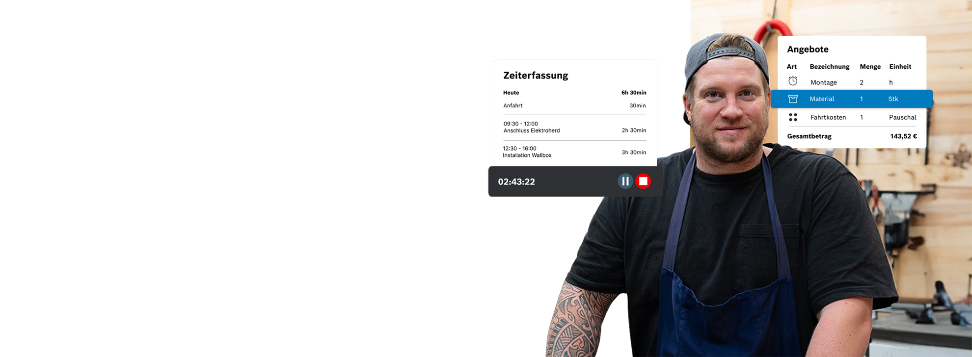 Ein Mann mit Tattoos trägt ein schwarzes T-Shirt und eine blaue Schürze.