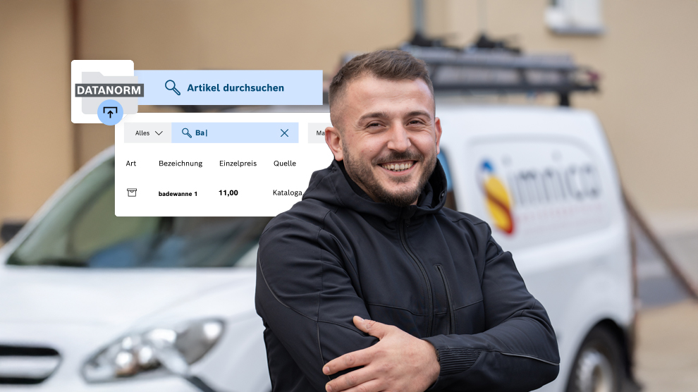 Ein lächelnder Mann in schwarzer Jacke steht vor einem weißen Lieferwagen mit Logo. Im Hintergrund ist eine Suchleiste sichtbar, die Artikel durchsuchen lässt.