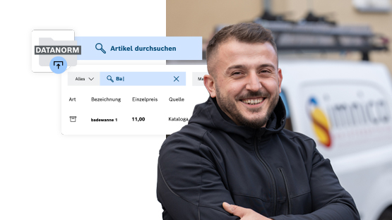 Ein lächelnder Mann in schwarzer Jacke steht vor einem weißen Lieferwagen mit Logo. Im Hintergrund ist eine Suchleiste zu sehen.