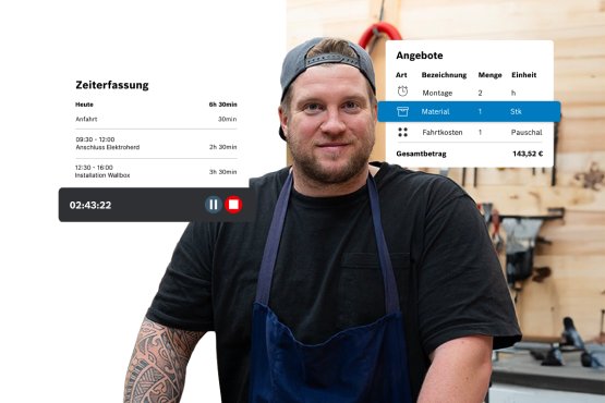 Ein Mann mit Tattoos trägt eine blaue Schürze in einer Werkstatt.