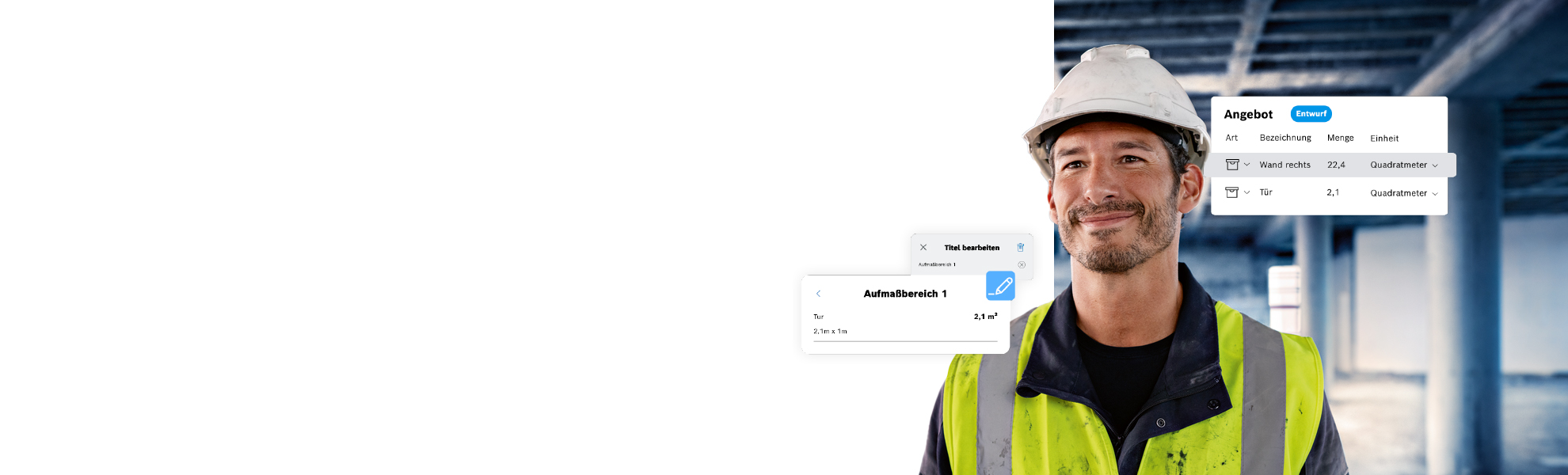 Ein Mann mit Helm und Warnweste lächelt vor einer Baustelle.