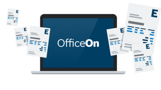 Laptop mit "OfficeOn" und mehreren Dokumenten im Vordergrund.