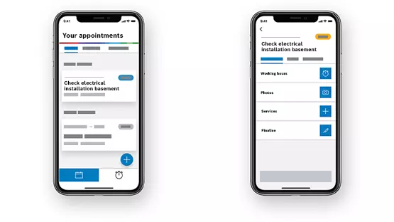 Two smartphones display an app for appointment management and services.