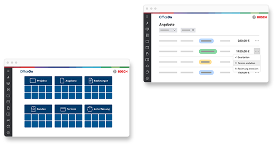 Zwei Bildschirme zeigen das Bosch OfficeOn Dashboard mit Angeboten und Projekten.