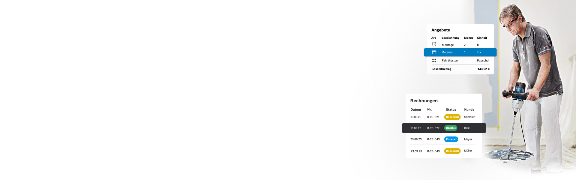 Ein Handwerker mit einer Bohrmaschine arbeitet an einem Bodenbelag in einem hellen Raum.