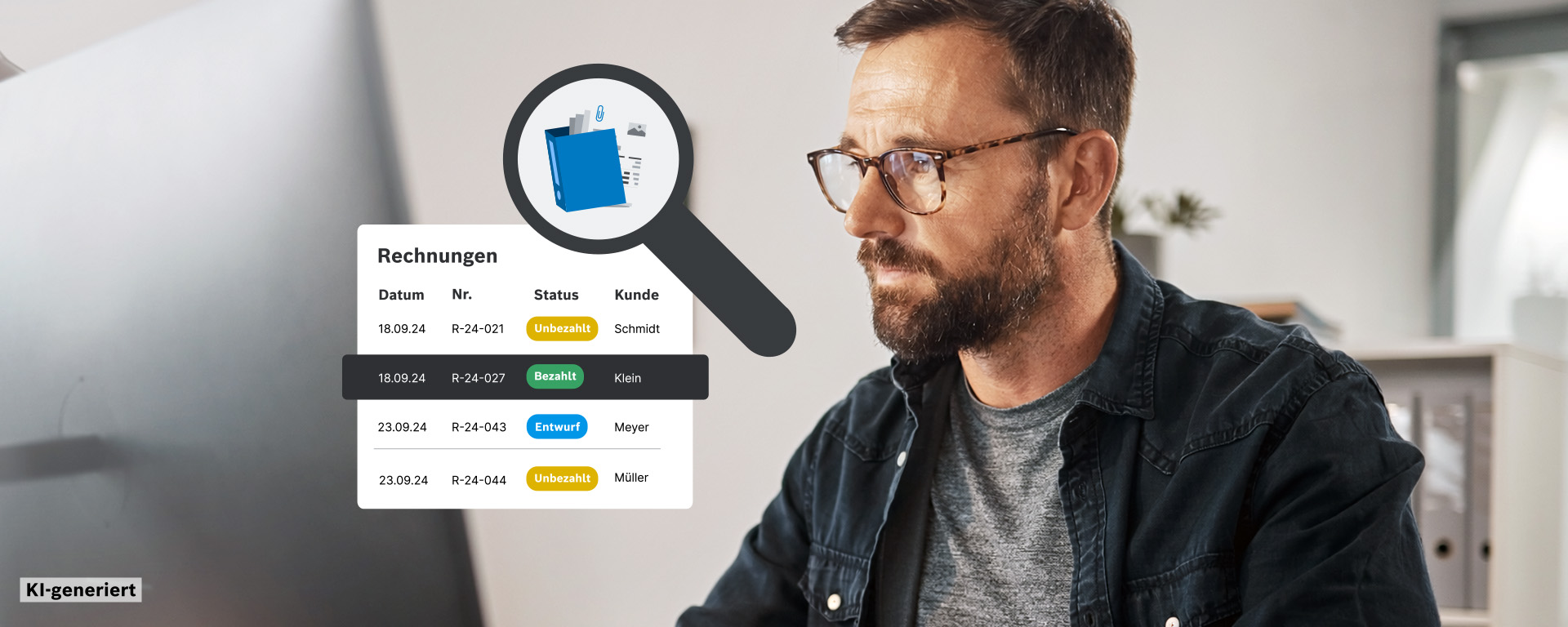 Ein Mann mit Brille sitzt an einem Schreibtisch und betrachtet Rechnungen auf einem Monitor.