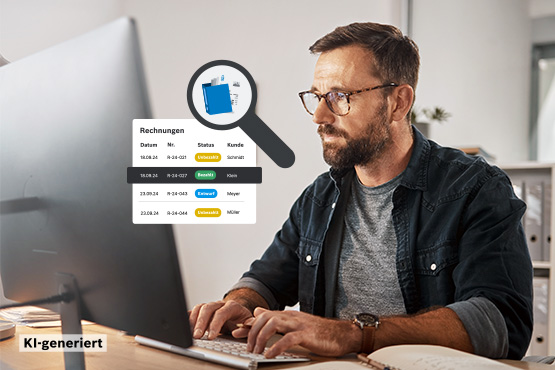 Ein Mann mit Brille sitzt vor einem Computer und schaut konzentriert auf den Bildschirm. Auf dem Bildschirm sind Rechnungen angezeigt, mit verschiedenen Statusinformationen und Kundennamen. Der Raum ist hell und modern eingerichtet, mit einem Schreibtisch und Pflanzen im Hintergrund. Der Mann trägt ein blaues T-Shirt und eine dunkle Jacke. Die Stimmung ist fokussiert und geschäftlich.