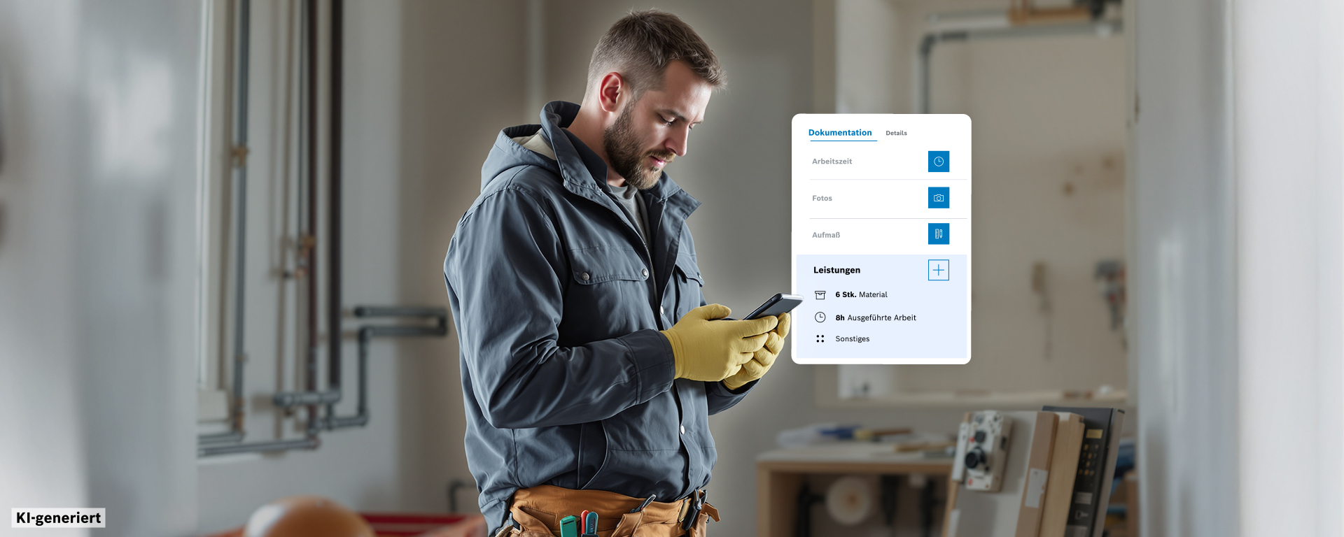 Ein Handwerker in grauer Jacke und gelben Handschuhen schaut auf sein Smartphone in einem hellen Raum.
