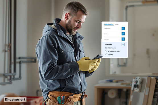 Ein Mann in blauer Arbeitsjacke und gelben Handschuhen steht in einem Raum und schaut auf sein Smartphone. Im Hintergrund sind Werkzeuge und Materialien sichtbar.