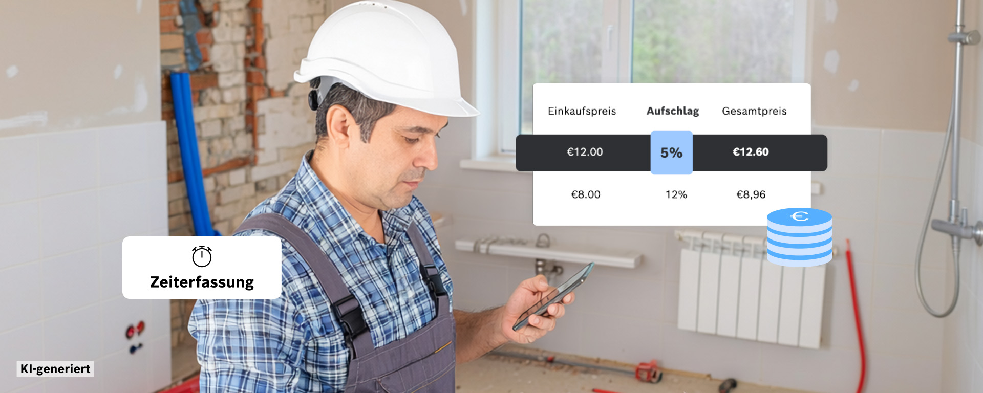 KI-generiertes Bild: Ein Handwerker in einem Bauumfeld, trägt einen weißen Helm und schaut auf sein Smartphone.