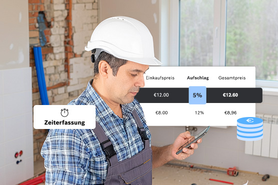 Ein Handwerker mit einem weißen Helm und kariertem Hemd schaut auf sein Smartphone in einem Bauzimmer. Im Hintergrund sind unverputzte Wände und Rohre sichtbar. Ein Preisdashboard zeigt Einkaufs- und Gesamtpreise an. Die Stimmung wirkt konzentriert und professionell.