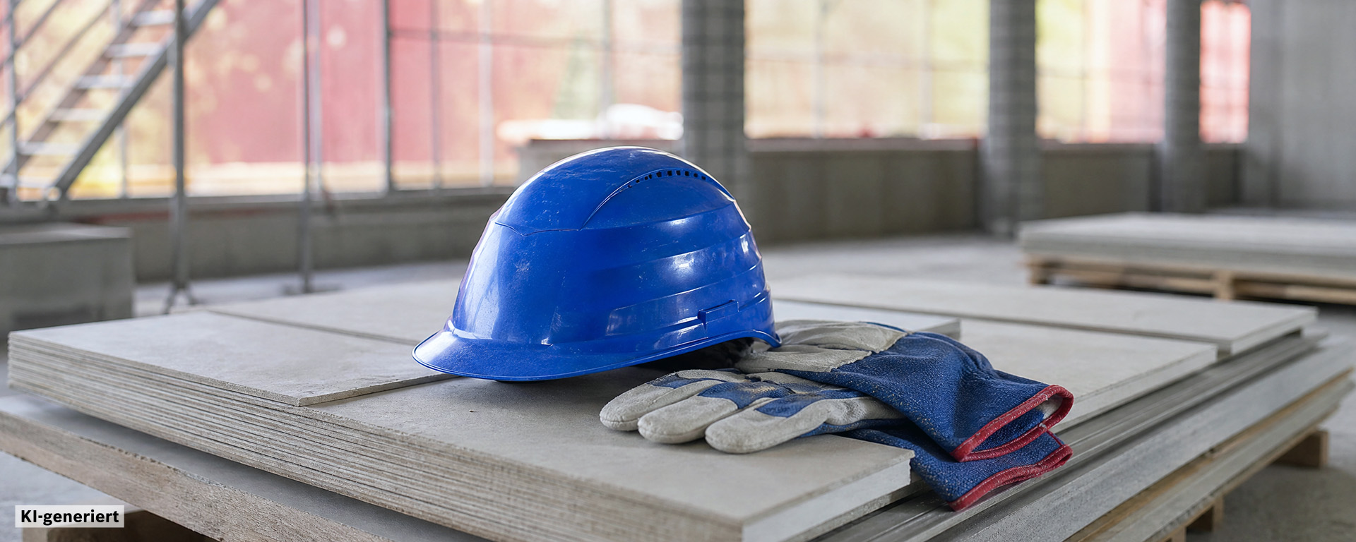 Ein blauer Bauhelm liegt auf grauen Platten, daneben liegen Arbeitshandschuhe in Blau und Grau. Im Hintergrund sind Baustellenwände zu sehen.