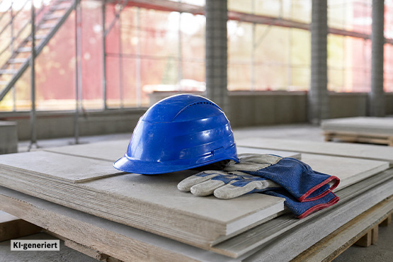 Ein blauer Bauhelm liegt auf grauen Platten, daneben liegen Arbeitshandschuhe in Blau und Weiß. Im Hintergrund sind Baustellenstrukturen sichtbar.