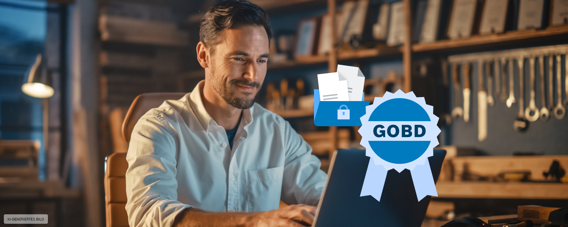 Ein Mann mit Bart lächelt am Laptop in einer Werkstatt, im Hintergrund Werkzeuge und Dokumente.