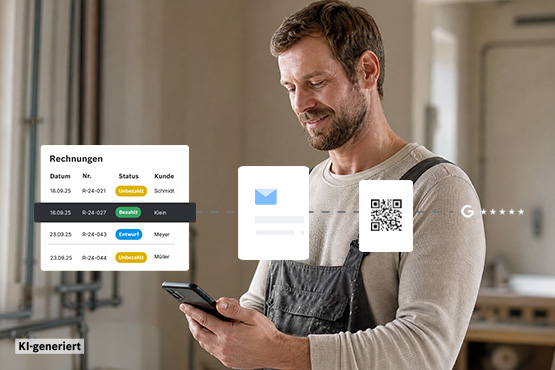 Ein Mann mit braunen Haaren und Bart steht in einem hellen Raum und schaut auf sein Smartphone. Er trägt ein graues T-Shirt und eine schwarze Latzhose. Neben ihm schwebt eine grafische Darstellung von Rechnungen mit Statusanzeigen und einem QR-Code. Der Raum hat eine moderne Bauatmosphäre mit sichtbaren Rohren und Wänden. Der Mann wirkt konzentriert und zufrieden.