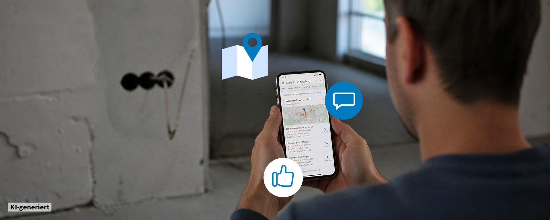 Ein Mann mit dunklem T-Shirt hält ein Smartphone in der Hand, während er auf eine graue Wand schaut. Auf dem Bildschirm sind Symbole wie eine Karte, ein Daumen hoch und ein Sprechblasen-Icon zu sehen. Die Wand ist unvollendet mit sichtbaren Kabeln und Fenstern im Hintergrund.
