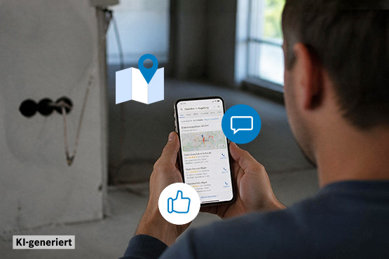 Ein Mann hält ein Smartphone in der Hand, das eine Kartenansicht und Icons zeigt. Im Hintergrund ist eine Baustelle.