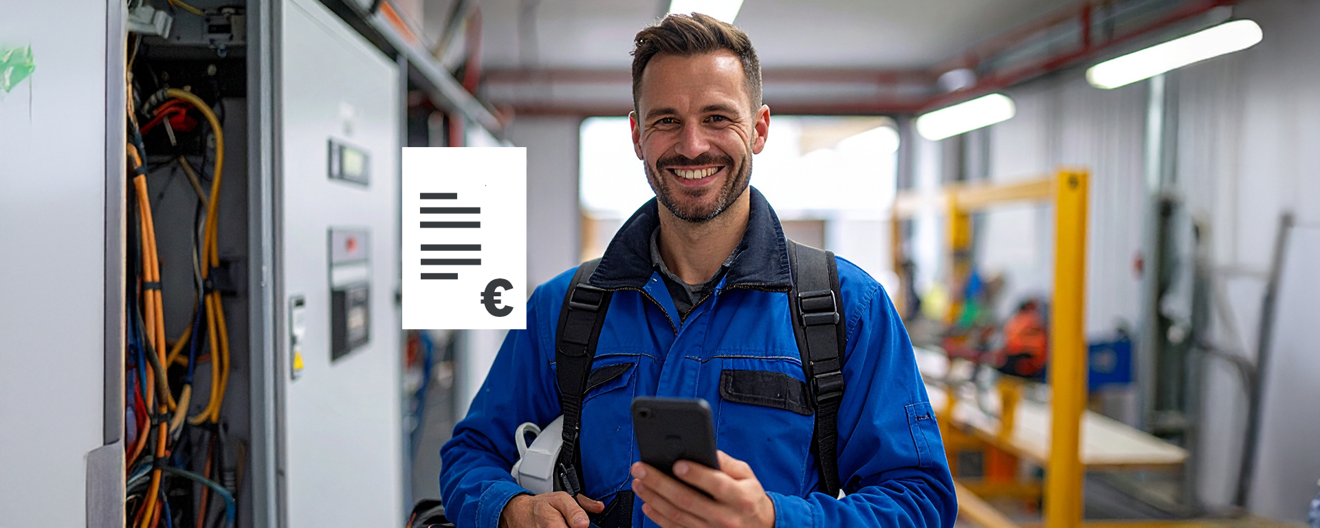 Ein lächelnder Handwerker in blauer Arbeitskleidung hält ein Smartphone in der Hand.