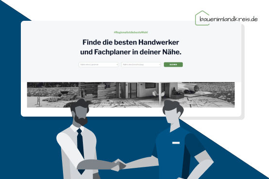 Effektive Kundenakquise für Handwerker: 5 praxiserprobte Tipps & wie du Büroarbeit nebenbei meisterst Zwei Männer schütteln sich die Hände vor einer Webseite über Handwerker.