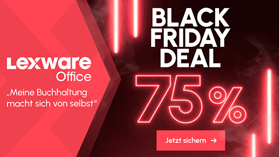 Werbung für Black Friday Deal mit 75% Rabatt auf Lexware Office in rot-schwarzem Design.