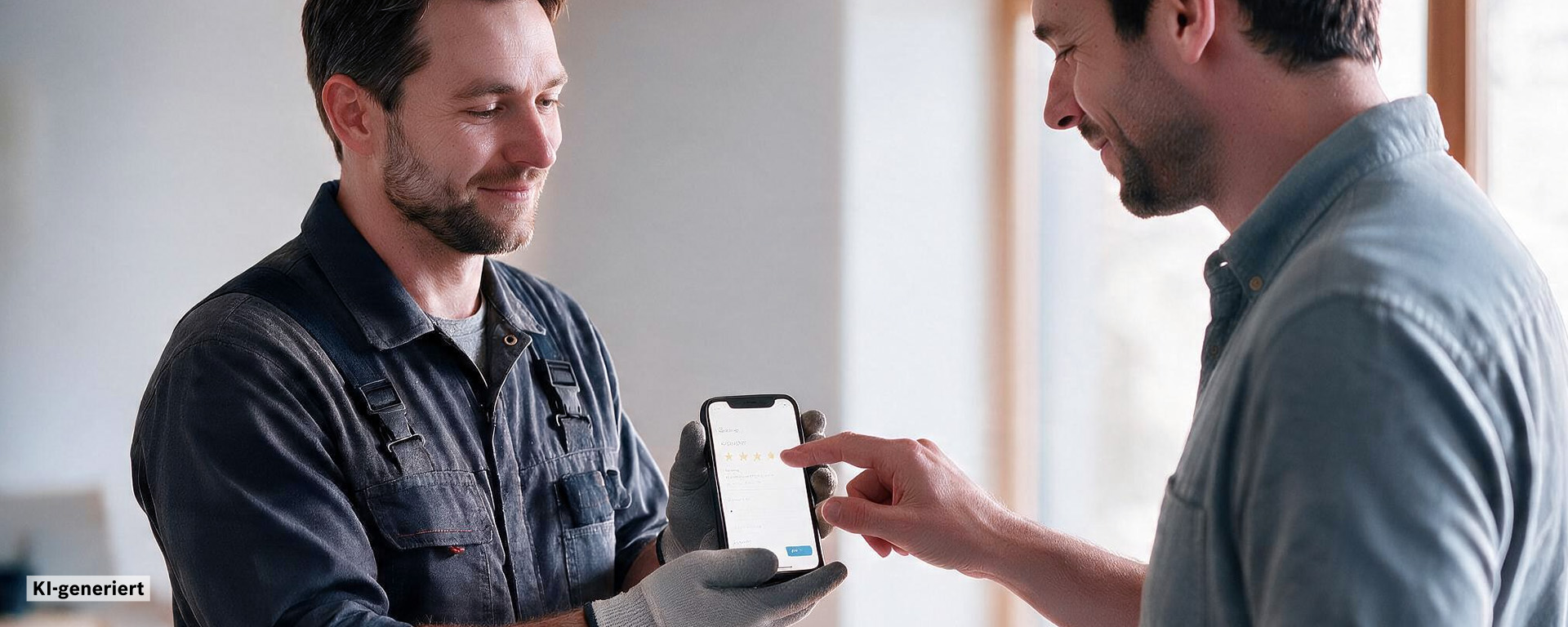 Ein Handwerker in blauer Arbeitskleidung zeigt einem anderen Mann auf einem Smartphone eine App. Beide lächeln.