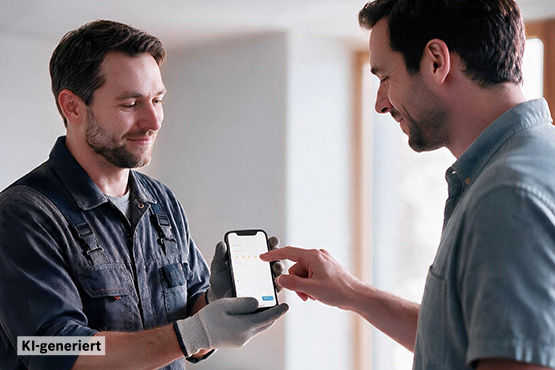 Ein Handwerker in blauer Arbeitskleidung zeigt einem Mann ein Smartphone, beide lächeln. Helle Innenräume mit Fenster.