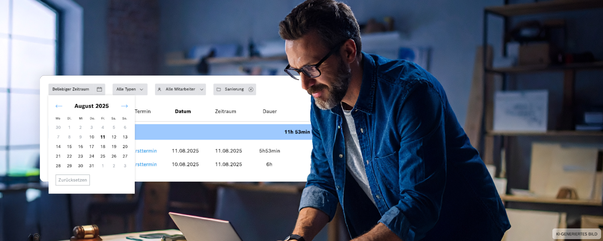 Ein Mann mit Brille und Bart arbeitet an einem Laptop in einem modernen Büro mit Holzregalen.