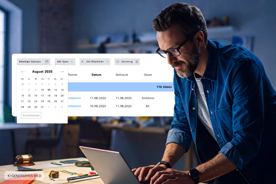 Ein Mann mit Brille arbeitet an einem Laptop in einer Werkstatt, umgeben von Werkzeugen. Ein Kalender ist sichtbar.