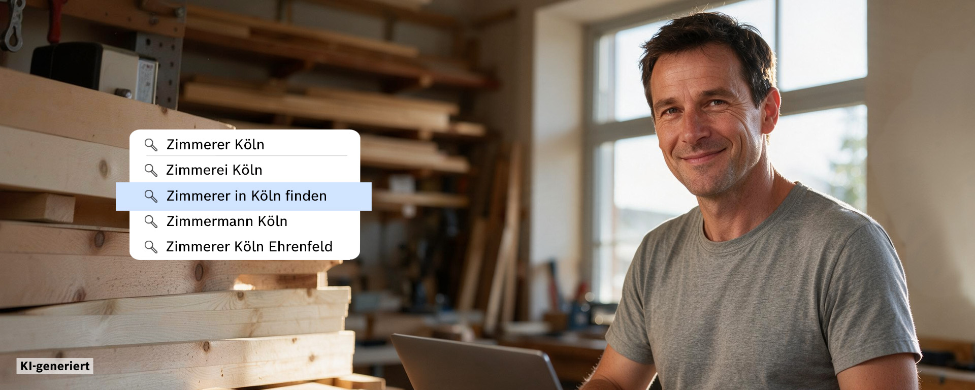 Ein lächelnder Mann sitzt an einem Tisch mit einem Laptop, umgeben von Holzlatten in einer Werkstatt.