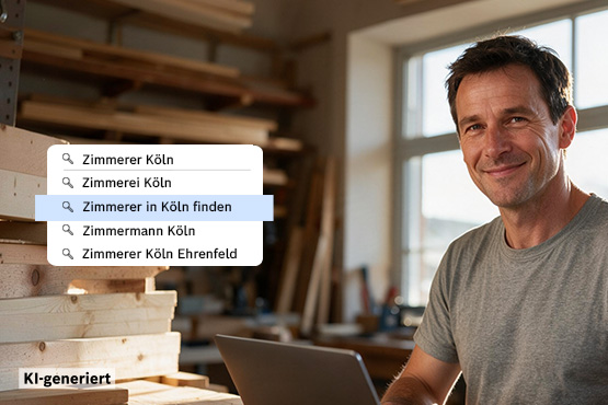 Ein lächelnder Mann sitzt an einem Laptop in einer Holzwerkstatt, umgeben von Holzlatten und Werkzeug.