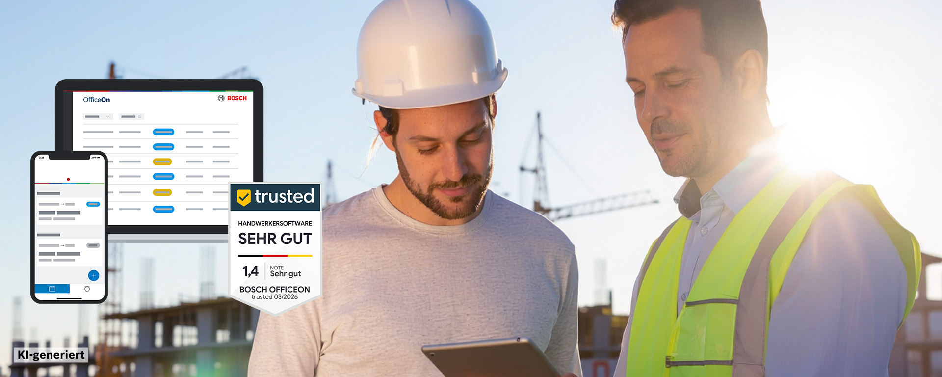 Zwei Männer auf einer Baustelle betrachten ein Tablet. Einer trägt einen weißen Helm, der andere eine gelbe Warnweste. Im Hintergrund sind Baukräne sichtbar. Ein Smartphone und ein Bildschirm mit der Bosch-Software sind im Bild.