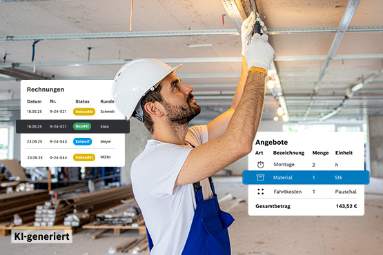 Ein Handwerker in blauer Arbeitskleidung und Helm befestigt eine Metallleiste an der Decke eines Baustellenraums. Im Vordergrund sind Baumaterialien sichtbar. Auf einem digitalen Display stehen Kostenschätzungen: Arbeitszeit 10 Std., Materialkosten 20 €, Gesamtkosten 600 €.