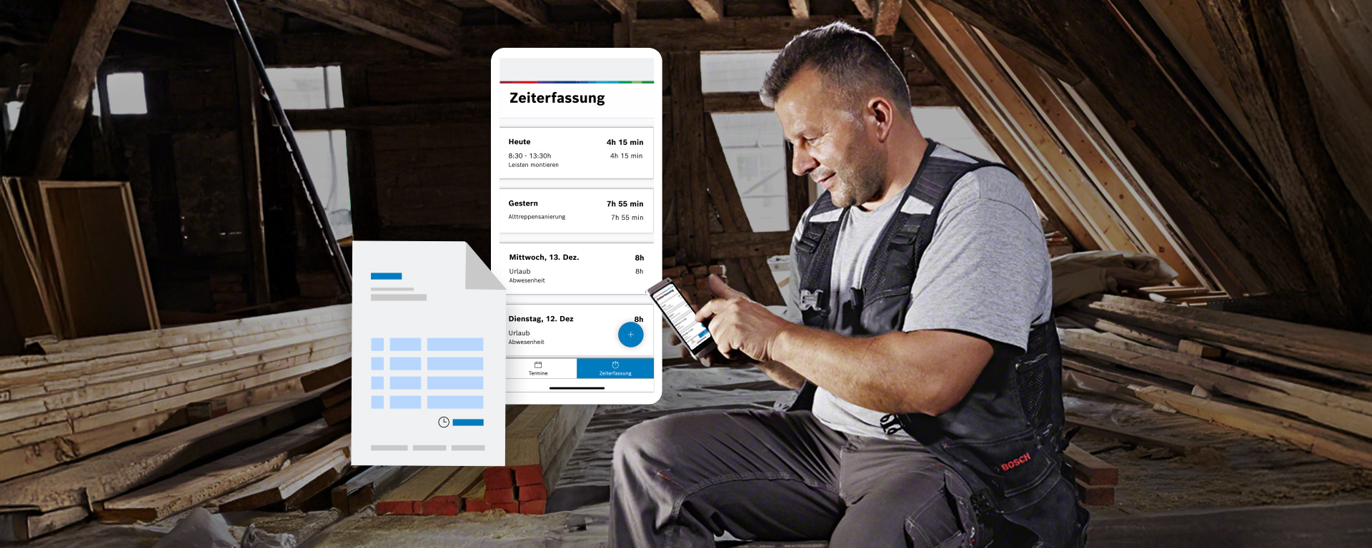 Ein Handwerker sitzt auf dem Boden eines Dachbodens und nutzt ein Smartphone.