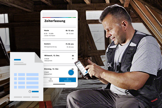 Alles rund um den Stundenzettel - mit kostenloser Vorlage für Handwerksbetriebe Ein Mann sitzt auf einem Dachboden und nutzt ein Smartphone zur Zeiterfassung. Im Hintergrund sind Holzbalken sichtbar.