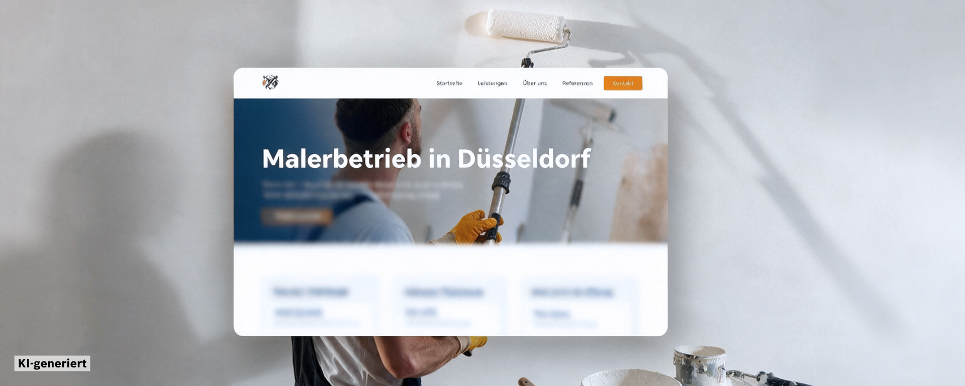 Ein Mann mit gelben Handschuhen streicht eine Wand mit einer Farbrolle. Im Hintergrund ist die Webseite eines Malerbetriebs sichtbar.