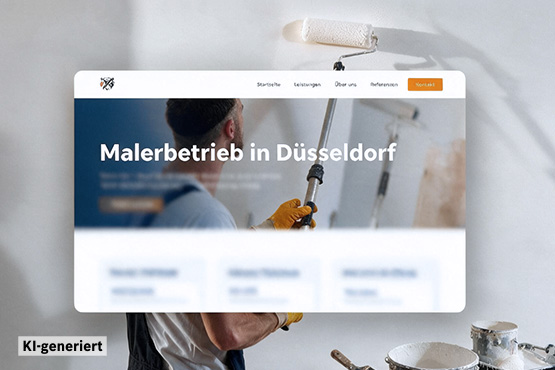 Eine Person mit blauen Handschuhen streicht eine Wand mit einer Farbrolle, im Hintergrund eine Website über einen Malerbetrieb in Düsseldorf.