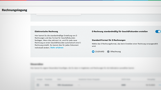 Screenshot einer Rechnungslegungsseite mit Optionen für elektronische Rechnungen und Auswahlmöglichkeiten.