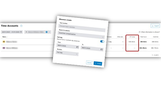 Screenshot einer Benutzeroberfläche mit Abwesenheitsantrag, Datenfeldern und Auswahloptionen.
