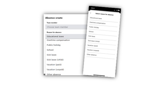 Screenshot einer App zur Abwesenheitserstellung mit Auswahlmöglichkeiten für Abwesenheitsgründe.