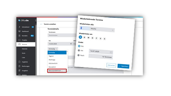 Screenshot einer Softwareoberfläche mit Terminfunktion und wiederkehrenden Einstellungen.