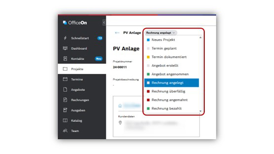 Screenshot einer Software mit Projektübersicht, Auswahlmenü und Rechnungsstatus.