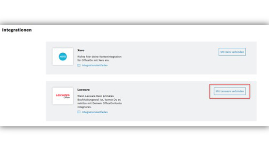 Screenshot einer Integrationsseite mit Xero und Lexware Logos und Verbindungsschaltflächen.