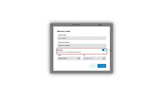 Screenshot eines Formulars zur Abwesenheitserstellung mit Eingabefeldern und Schaltflächen.