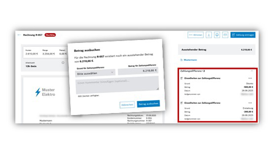 Screenshot einer Rechnungsübersicht mit Zahlen, Feldern und Buttons zur Zahlungsabwicklung.
