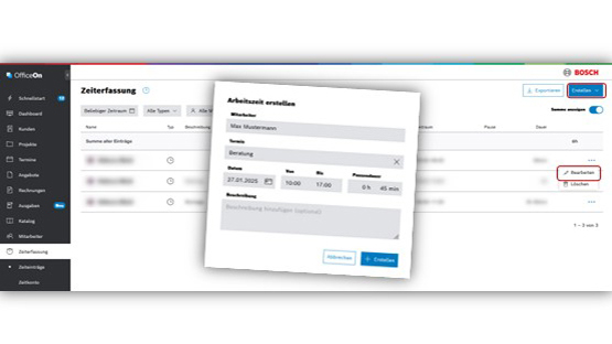 Screenshot einer Zeiterfassungssoftware mit Eingabefeld für Arbeitszeiten und -details.