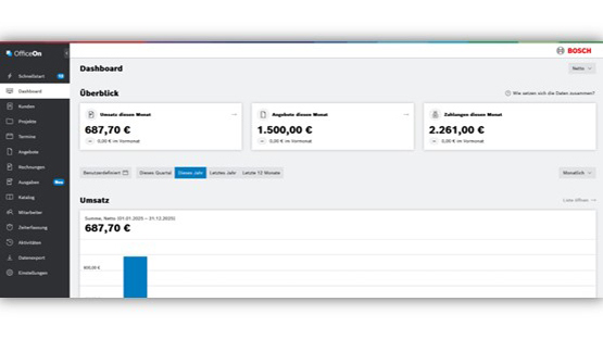 Dashboard mit Finanzdaten: Einnahmen, Ausgaben und Umsatzgrafik in blauen und grauen Kästen.