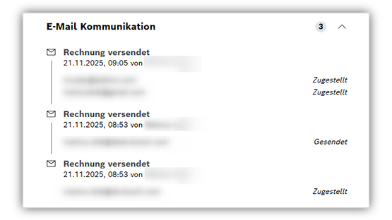 Ein Screenshot zeigt eine E-Mail-Kommunikation mit drei Rechnungen, jeweils mit Zeitstempel und Status.